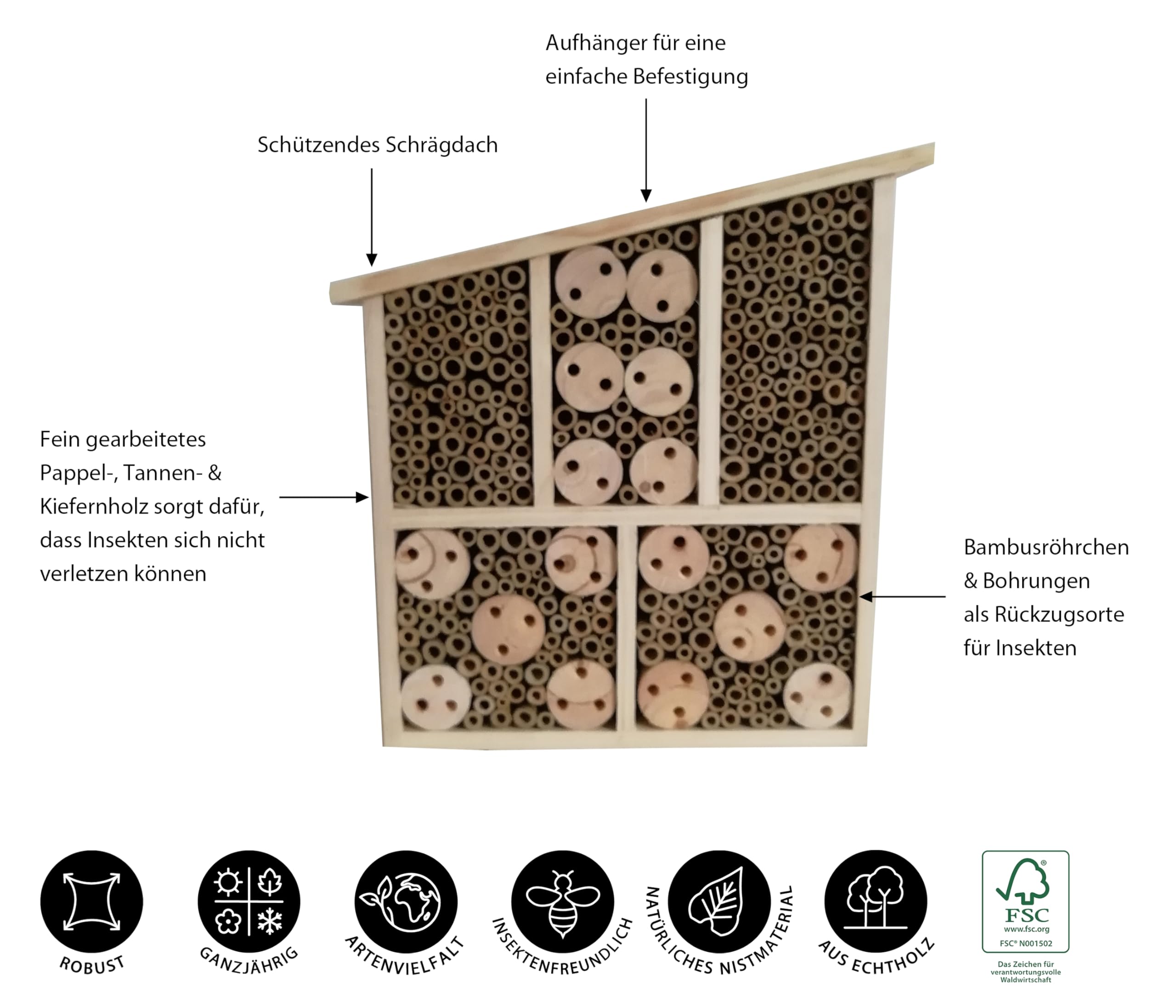 Dehner Natura - Casetta per Insetti Osmia, Circa 32 x 9 x 30 cm, Legno di Pino, Abete, bambù, Compensato, Colore Naturale