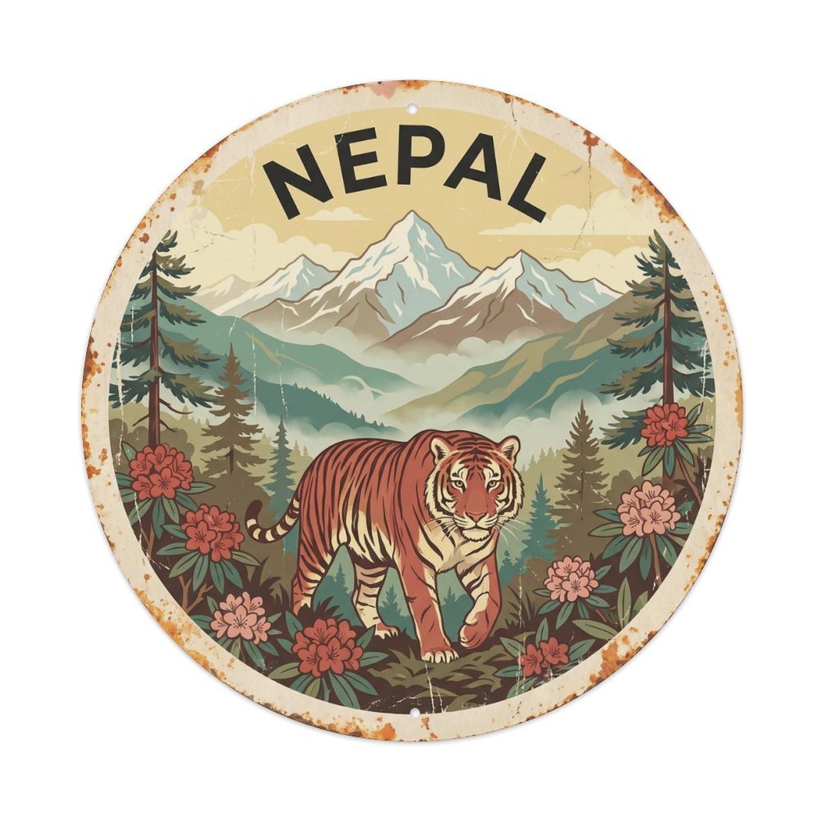 Nepal Tiger Himalayan Forest Vintage Metal Tin Sign Plaque Wall Decor for Cafe, Club Bar, Office, Garden Metal Poster 8x8Inch