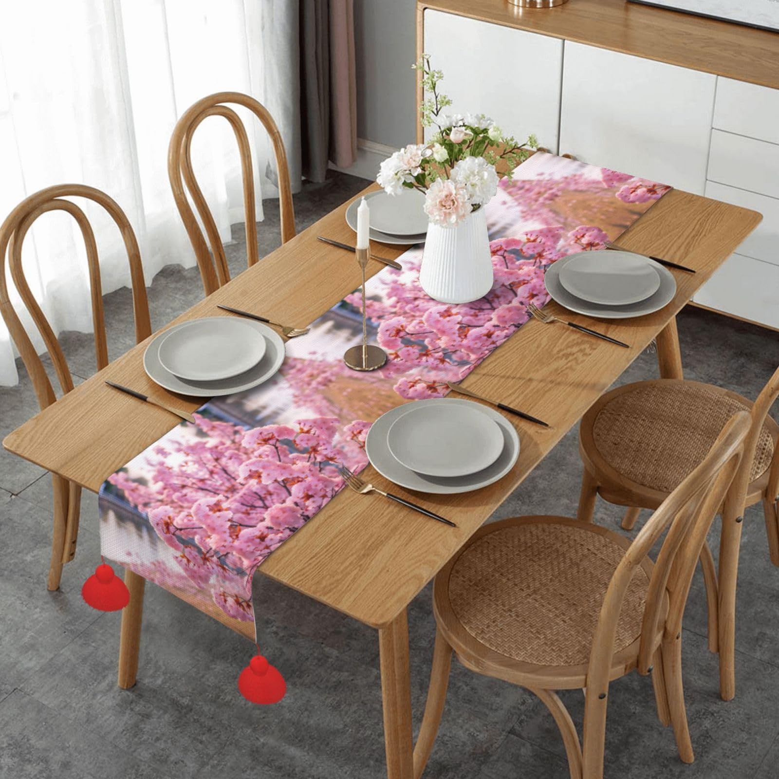 Chemin de table imprimé fleurs de cerisier en tissu premium pour mariage et grande table