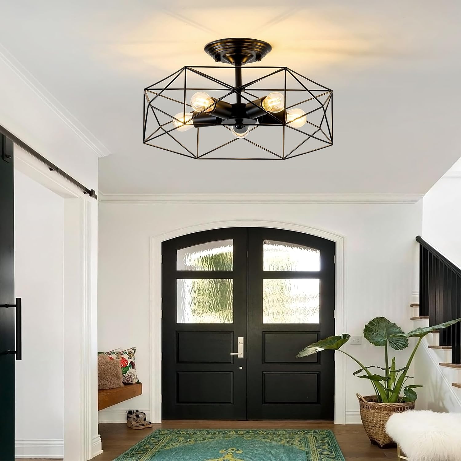 5-Light Farmhouse Semi Flush Mount Ceiling Light Fixture, Modern Black Ceiling Light, Industrial Close to Ceiling Light with Metal Hexagon Cage Ceiling Lamp for Kitchen, Hallway, Bathroom，closet