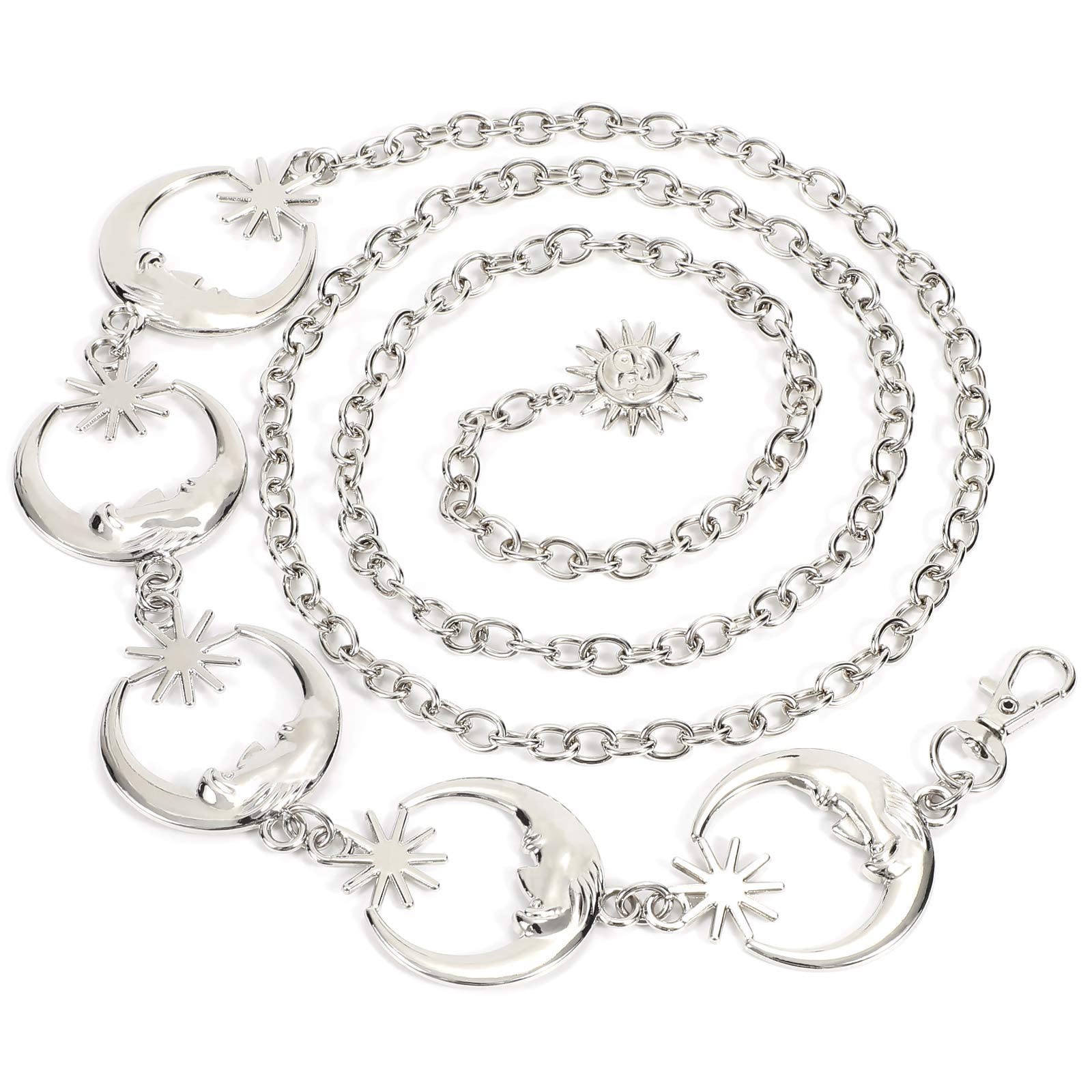 Women's Silver Metal Link Moon Star Body Chain Belt Ladies Waist Chain Belt for Jeans Dress, One Size