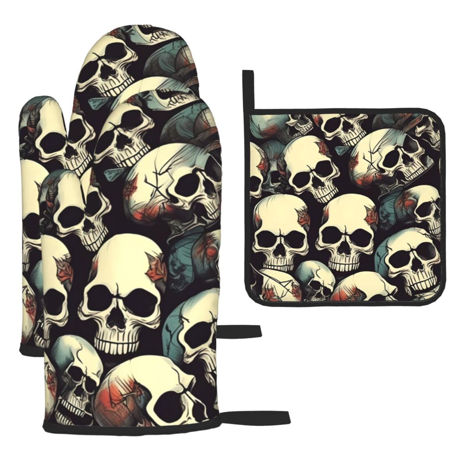 Yyoretp Black Skull Skeleton Print Oven Mitts And Potholders Bbq Gloves-Oven Mitts And Pot Holders For Cooking Baking