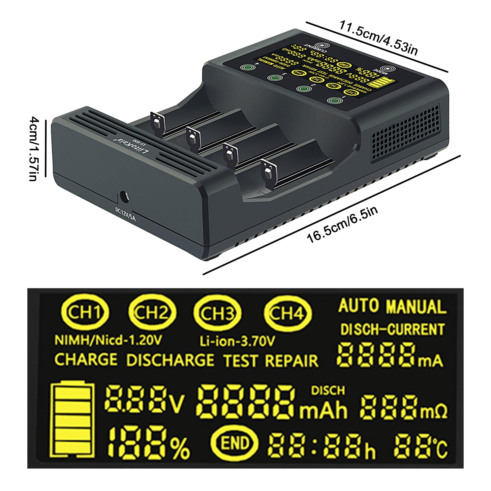Liitokala Lii-600 Szybka ładowarka do baterii z wyświetlaczem LCD i sterowaniem dotykowym, 4-gniazdowa ładowarka do akumulatorów 18650 z adapterem 12V5A do Li-Ion/Ni-MH/Ni-Cd 14500 21700 AA AAA