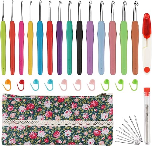 WISYOK Ganchos de ganchillo de 14 tamaños  Juego de ganchos de ganchillo ergonómicos para manos artríticas, kit de ganchillo para adultos