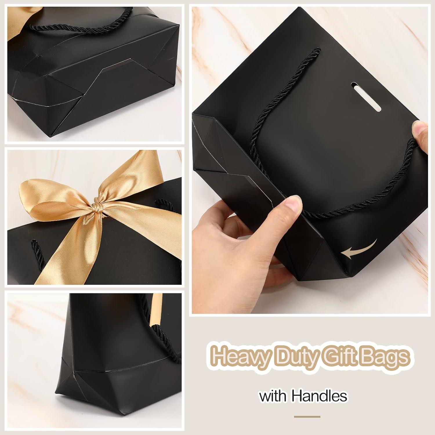 Sabary 50 Pack Black and Gold Gift Bags Bulk with Handles Mini Bridal Shower Gift Paper Bags with Bow Ribbon 8.3 x 6.7 x 2.8 Wedding Welcome Supplies for Guest Bridesmaid Birthday Holiday Party Favor