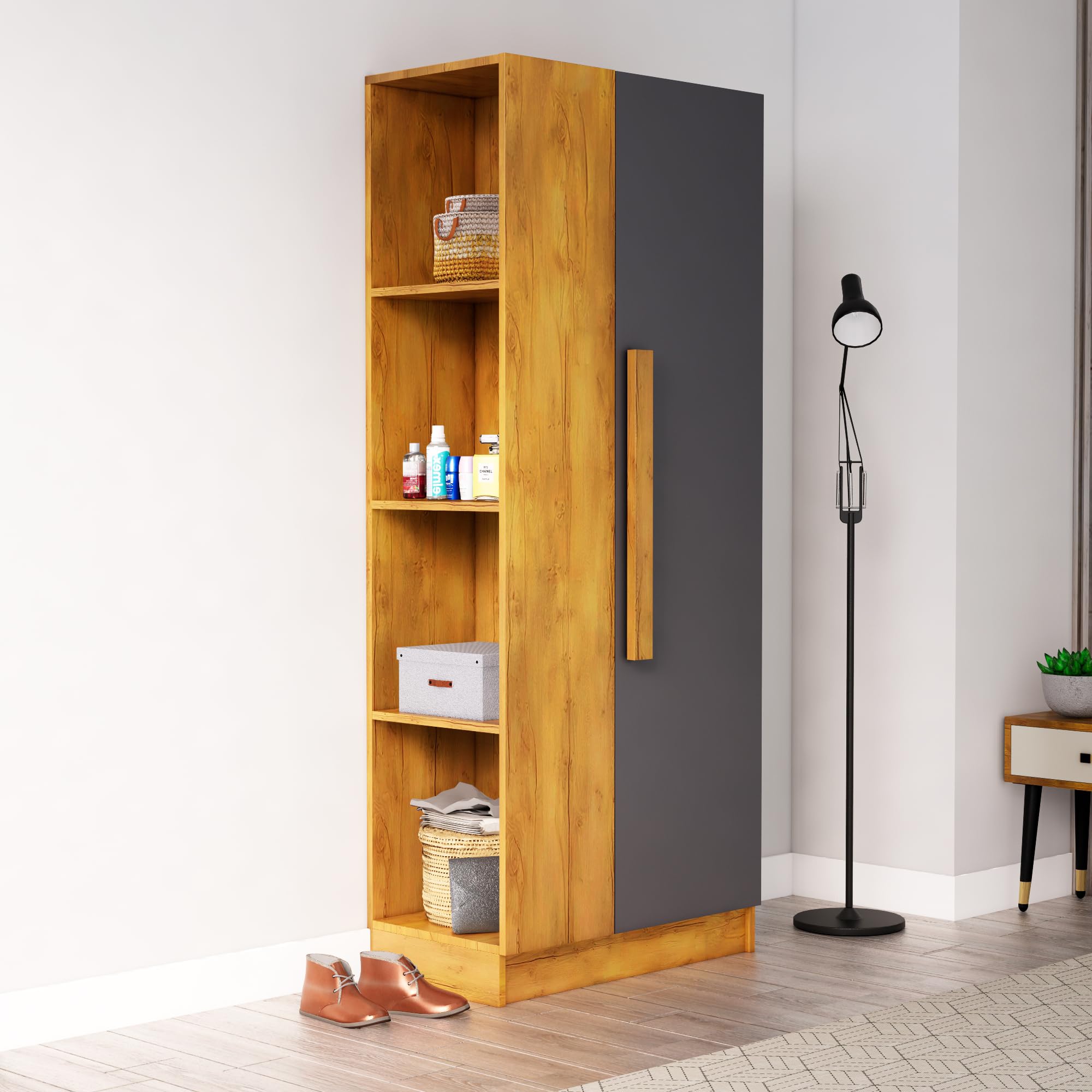Hexa Red Wooden Almirah for Clothes, Door for Bedroom, 1 Door Wardrobe for Living Room & Hanging Space (40D x 75W x 180H CM) | 3 Year Warranty. (Giant Wood & Slate Grey)-image-45