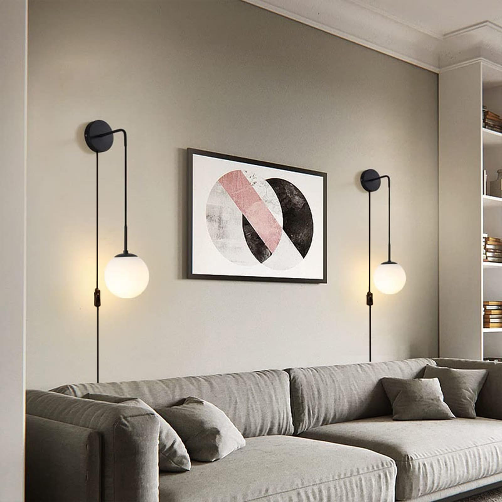 E27 Wall Light with Plug and Switches Fixtures Wall Lamp with Glass Globe Lampshade and Metal Drop Wall Sconce Set of 2 Black Gold Wall Lighting Fixture Vanity Bedroom Living Room (Black)