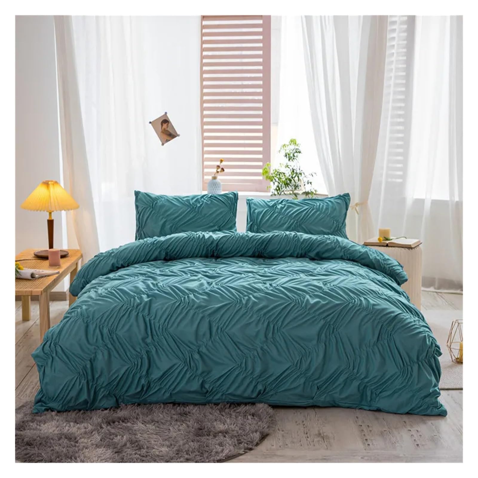 Housse de couette ondulée plissée 3 pièces pour lit double avec broderie élégante