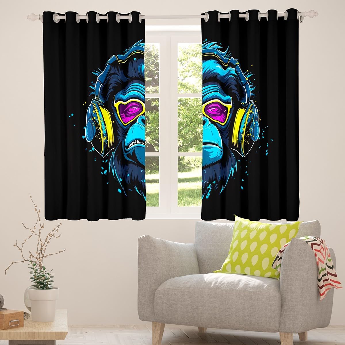 3D Gorilla Window Curtains Headphone Gorilla Curtains for Bedroom Living Room for Kids Boys Girls Wild Animal Pattern Window Drapes Watercolor Blue Design Window Treatments,42 X 63 Inch,2 Panels