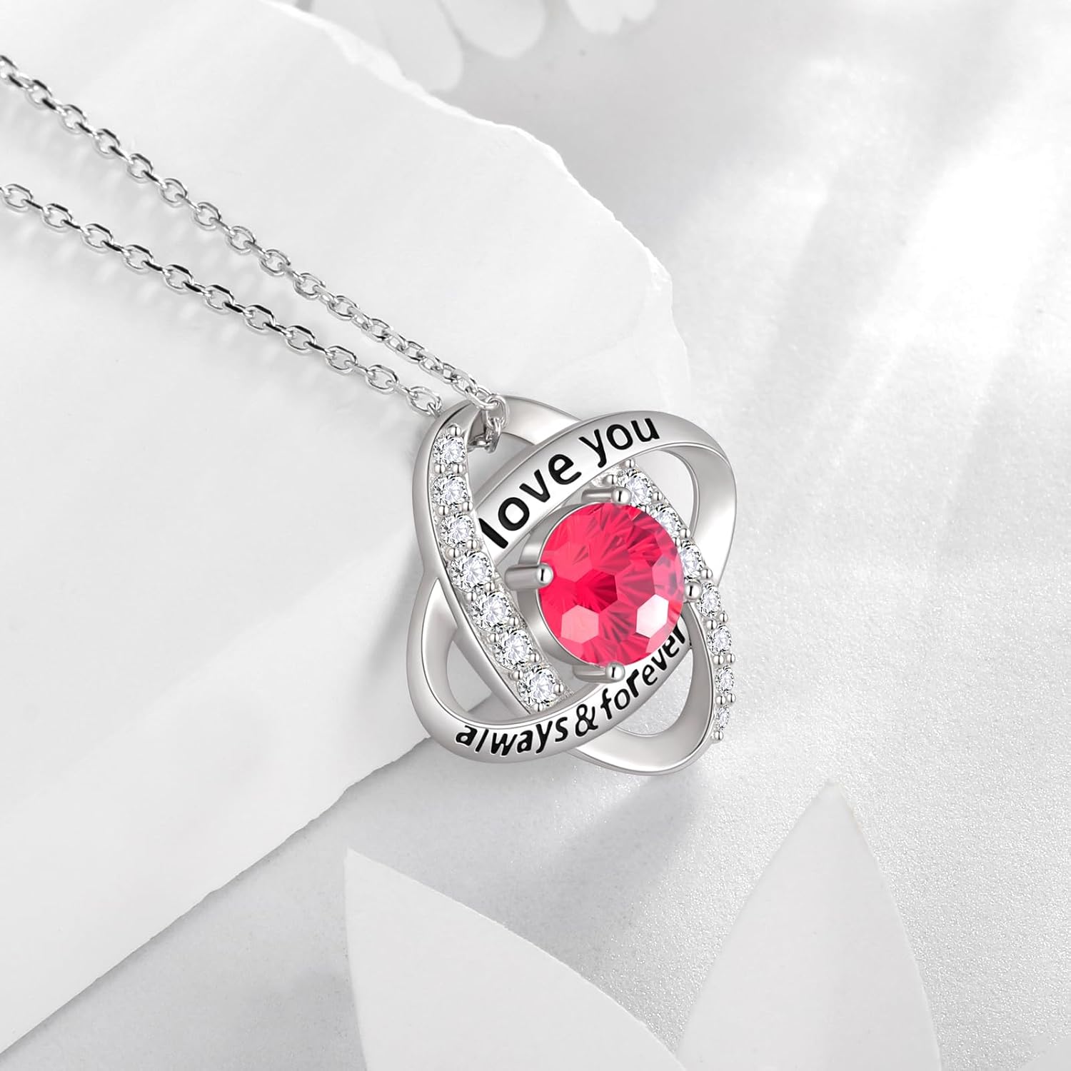 Aurora Tears Birthstone Love Knot Pendant Necklace - 925 Sterling Silver Firework-Cut Cubic Zirconia Love You Forever Necklace Anniversary Birthday Jewelry Gift for Women Wife Mom Daughter - Image 2