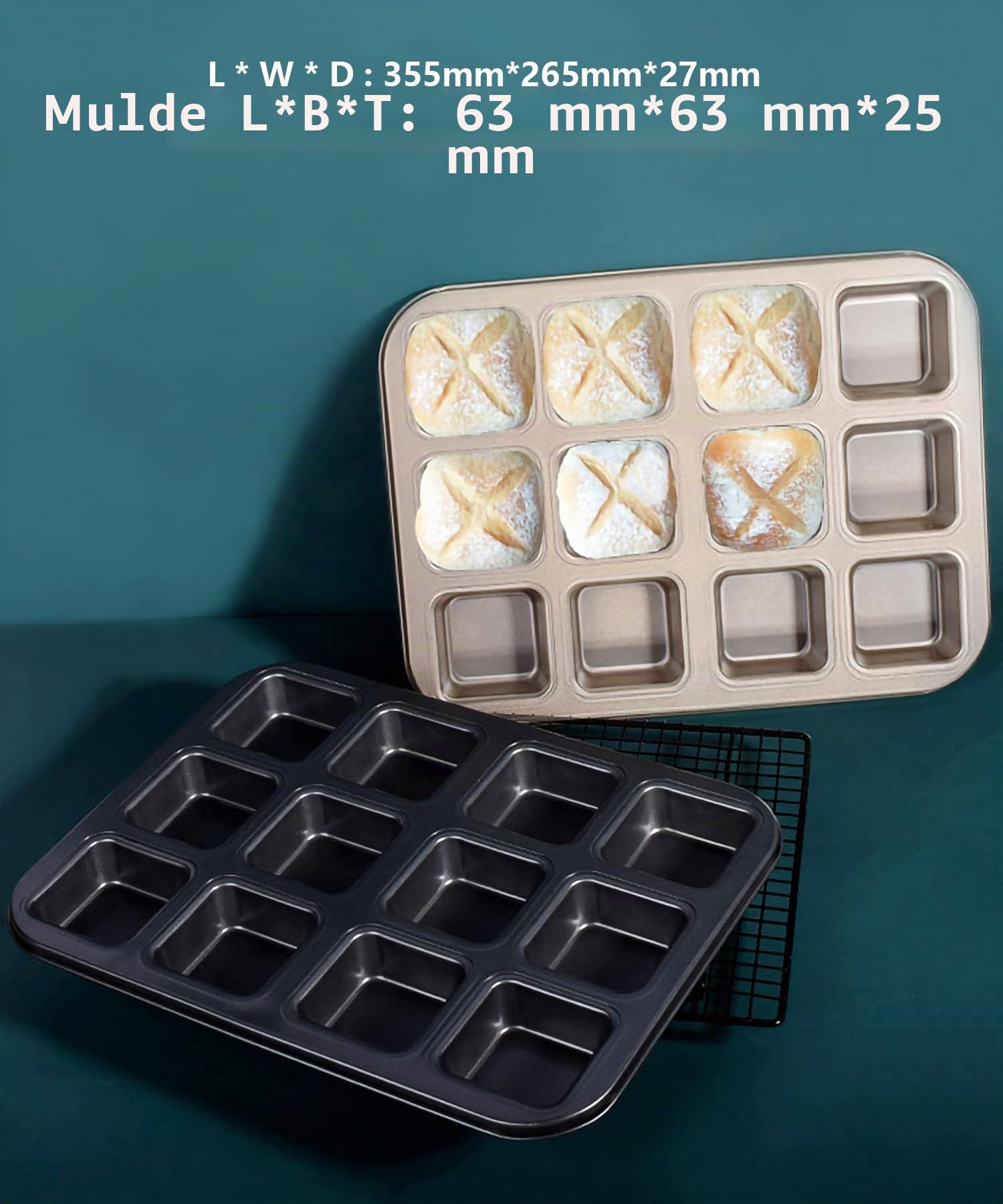 Mini-Laib-Pfanne 8-Kavitäten-Backformen aus Kohlenstoffstahl Antihaft-Brotbackform Einteiliges Design (Golden 12 Cavity)
