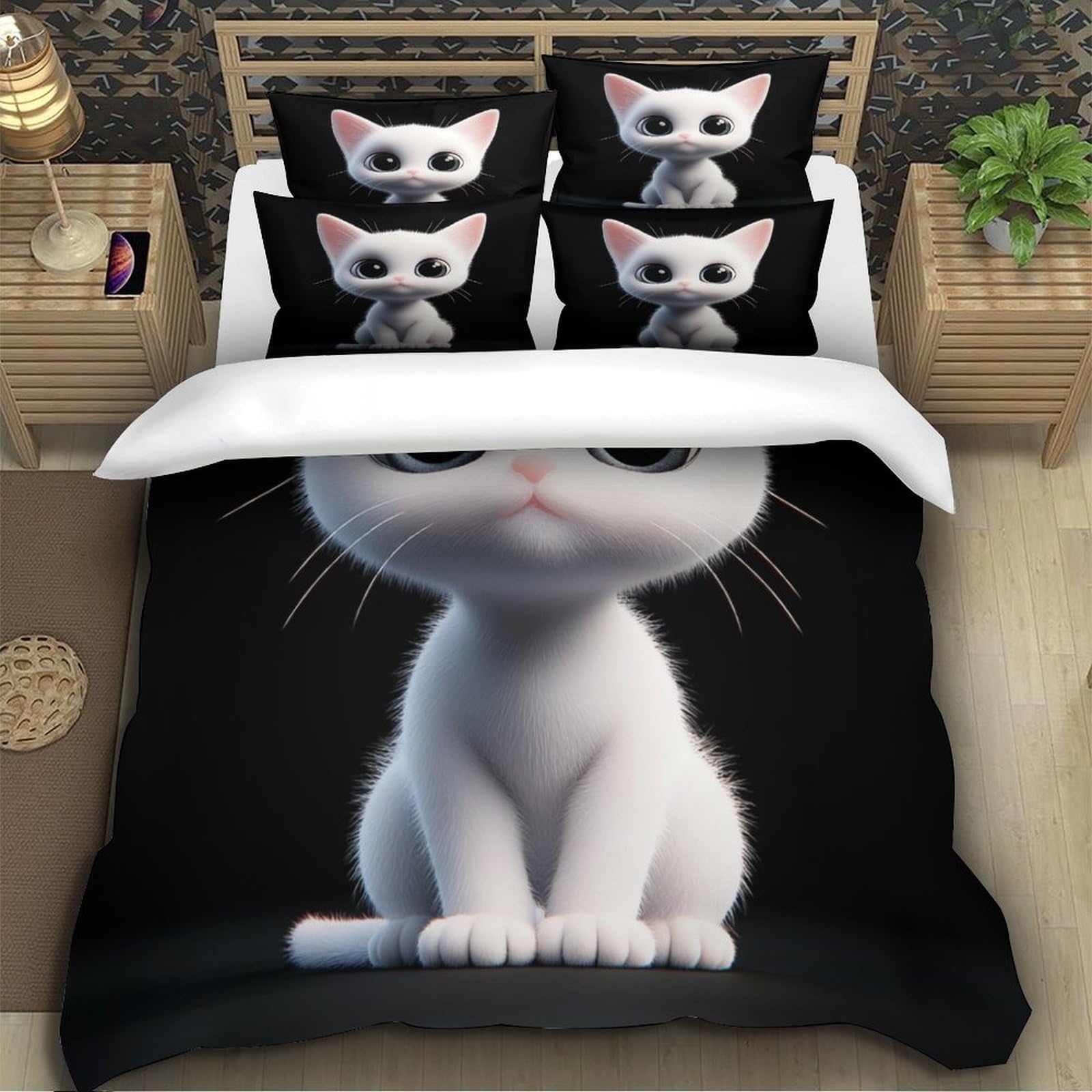 Gattino carino 3D Stampa Coperteletto 3pz Microfibra Leggera Fumetto digitale Coperta Letto 2 federe Antimacchia Adolescenti Adulti Giovani Super king（260x220cm）