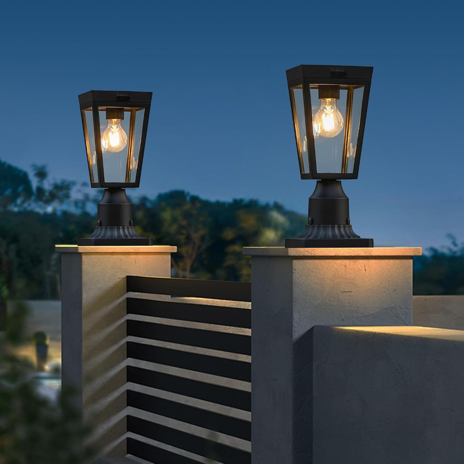 LUTEC 2 Pack Outdoor Solar Lamp Post Light with Pier Mount Base, Dusk to Dawn Waterproof Post Light Fixtures, Black Solar Powered Aluminum Post Lights for Outside