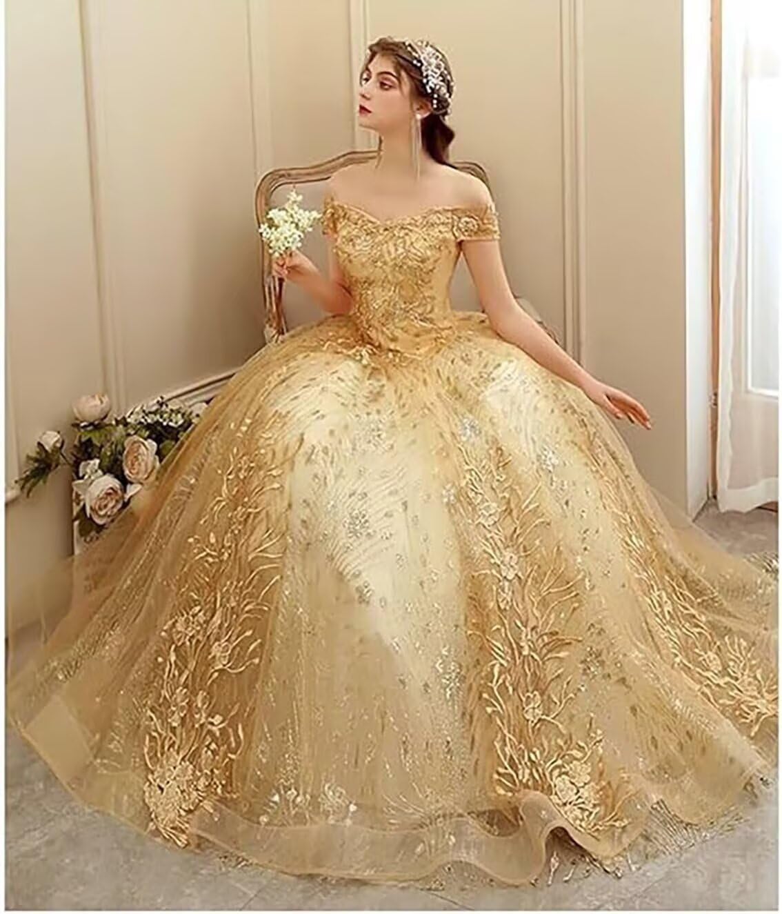 Vestido largo de quinceañera para mujer, con hombros descubiertos, de tul, vestido de noche con apliques de encaje