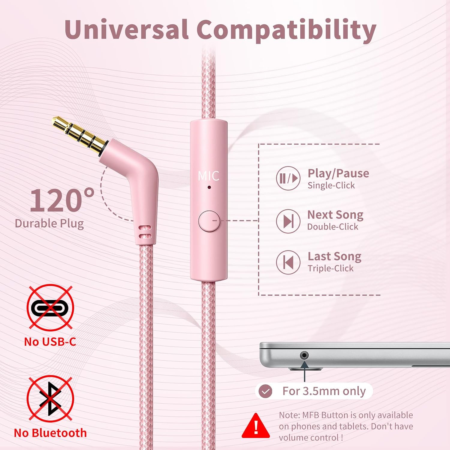 Wired Headphones with Microphone for School, 3.5mm Corded Headphones, Pink