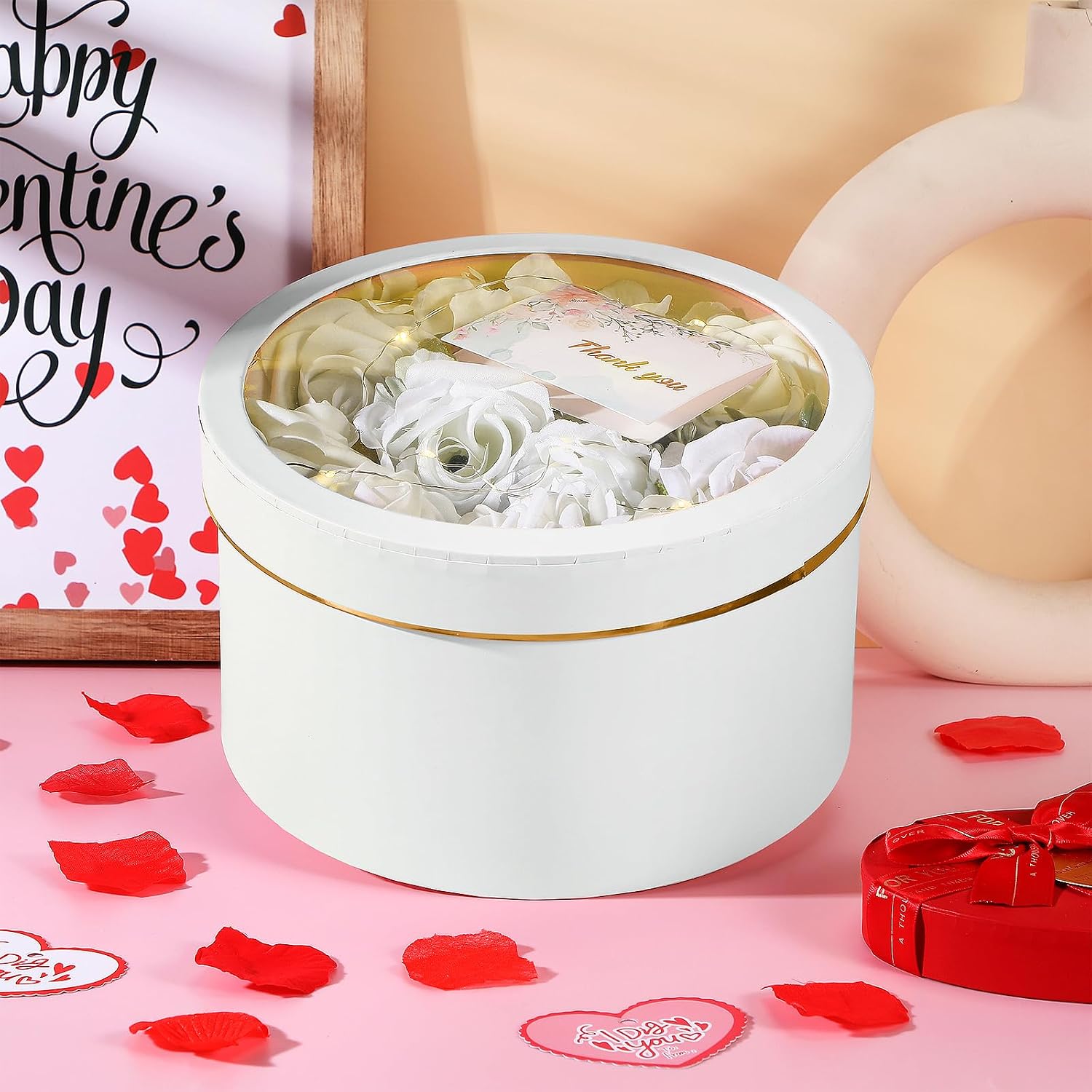 Nuenen 2 Pcs Round Gift Boxes with Lids Floral Foam LED Light Thank You Floral Greeting Cards Flower Arrangements Supplies for Valentine Birthday Wedding Bridesmaid Proposal(White)
