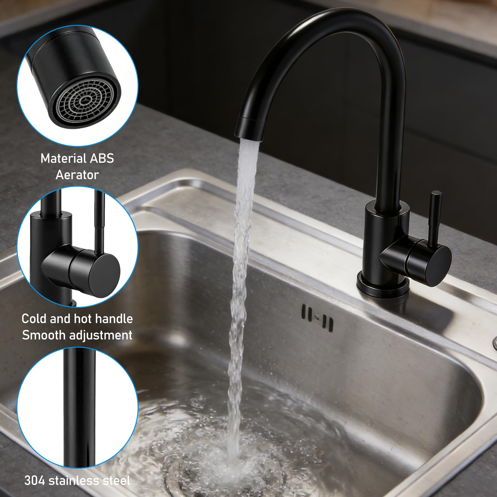 Robinet de cuisine pivotant à 360° - En acier inoxydable - Mitigeur monocommande - Robinet d'évier de cuisine avec tuyau de 60 cm - Raccords G3/8 - Noir