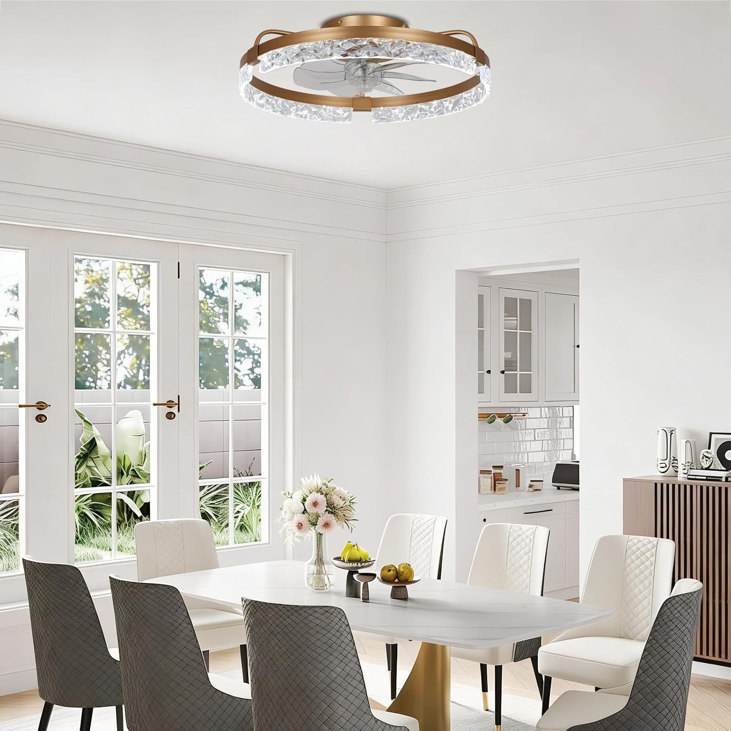 Finktonglan 20" Crystal Flush Mount Ceiling Fan with Light, Gold, Low-Profile Enclosed Fandelier, App/Remote Dimmable 3000–6500K, Reversible Quiet Motor, 6 Speeds, Timer