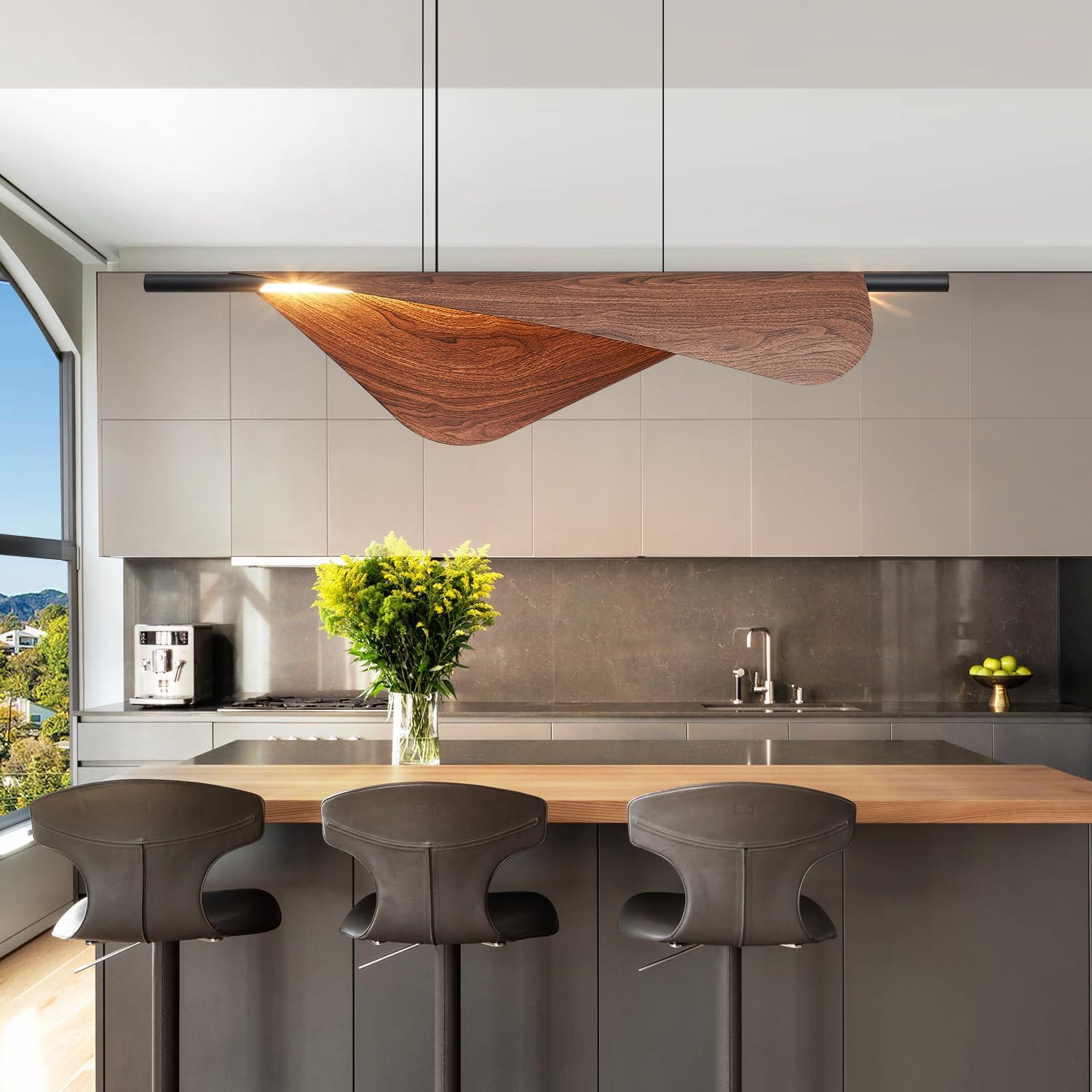 Walnut Pendant Lights Kitchen Island 39.4In Dimmable Wood Grain Linear Kitchen Chandeliers Over Table Hanging Light Fixture for Dining Room