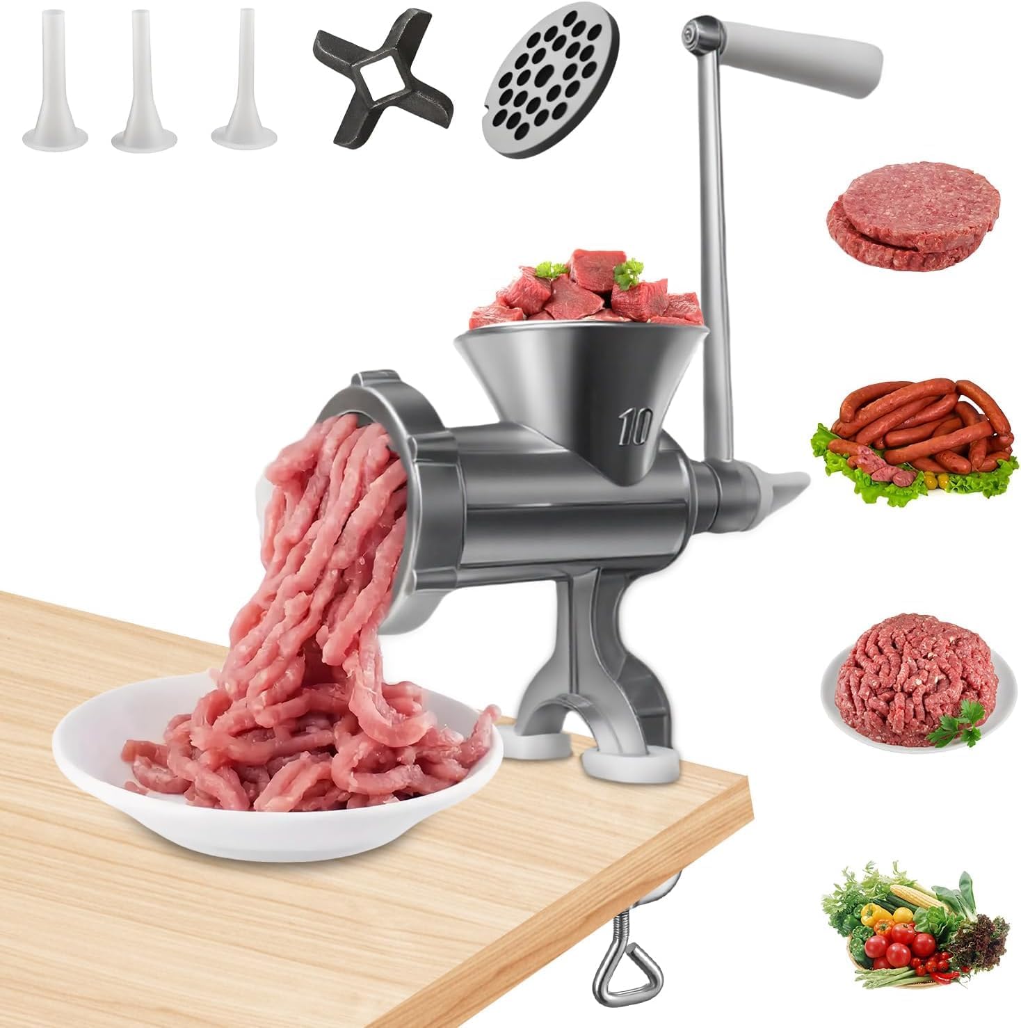 Manual Meat Grinder with Tabletop Clamp, 304 Stainless Steel
