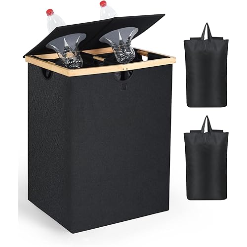 OTraki 140L Recycling Bin with Lid, 2 Compartments Large Home Recycling Sorter Bins with 2 Removeable and Reusable Inner Bag for Bottle Can Glass Waste Plastice, Black