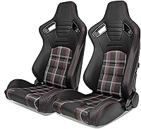 IKON MOTORSPORTS Universal Racing Seats Pair - Reclinable L/R w/ Dual Sliders, PU Leather, Red Plaid Fabric & Carbon Look, 300lbs Capacity