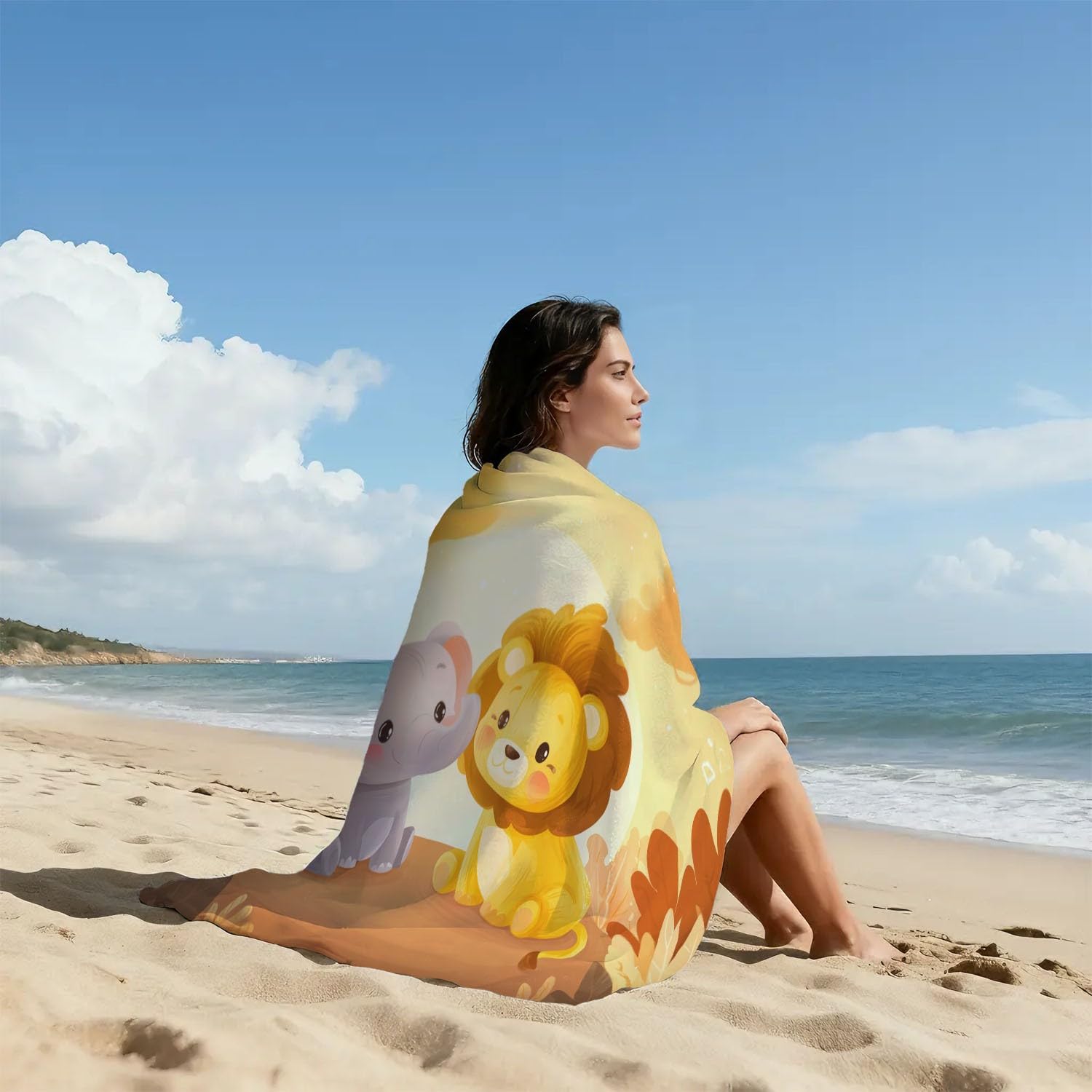 Generisch Ręcznik plażowy z kreskówki - ręcznik kąpielowy, miękki, uroczy, ciepły, przytulny, zwierzęta, lew, słoń - szybkoschnący, ultralekki, bez piasku, ręcznik plażowy, miękki ręcznik z mikrofibry
