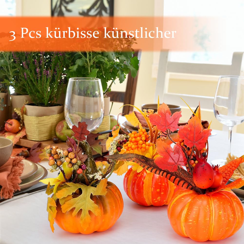 Yuragim 3 sztuki sztucznych dyni jesiennych dekoracji, ozdobne dynie z liśćmi klonu i słoneczników, dekoracja na Halloween, Święto Dziękczynienia, jesienna dekoracja stołu