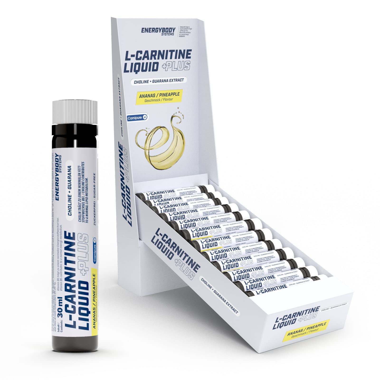 Energybody® L-Carnitine Liquid Plus - 20x30ml - L Carnitin Liquid mit Cholin & Guarana/Nahrungsergänzung für einen normalen Fettstoffwechsel