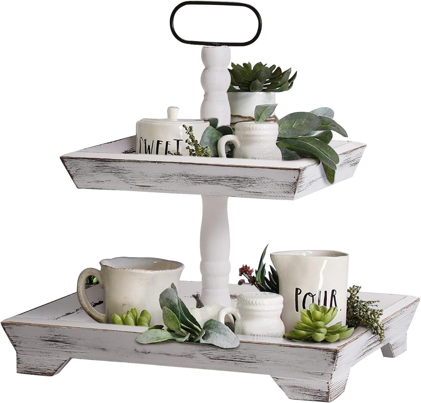 Tiered Tray Stand Farmhouse Tiered Tray for Decors Holder 2 Tiered Tray Stand for Kitchen Bedroom Entryway Coffee Bar