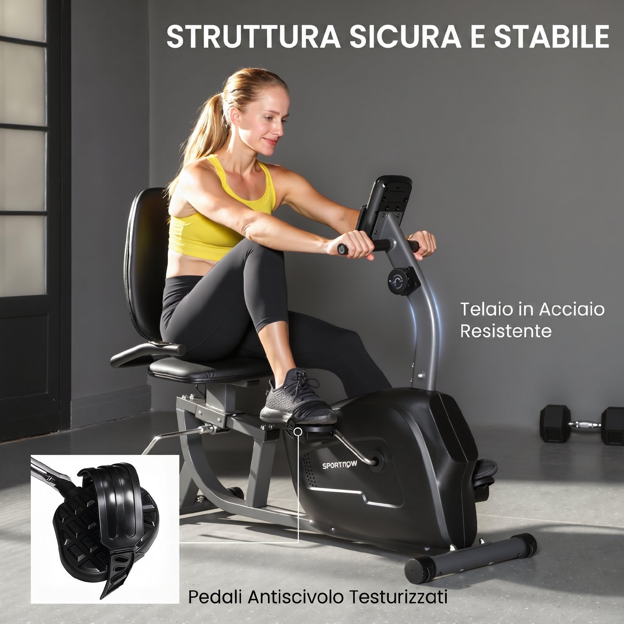 SPORTNOW Cyclette da Casa Orizzontale con Seduta Regolabile per Anziani | 8 Livelli di Resistenza Magnetica, Cyclette Recumbent, Schermo LCD, Sensore di Frequenza Cardiaca, Ruote