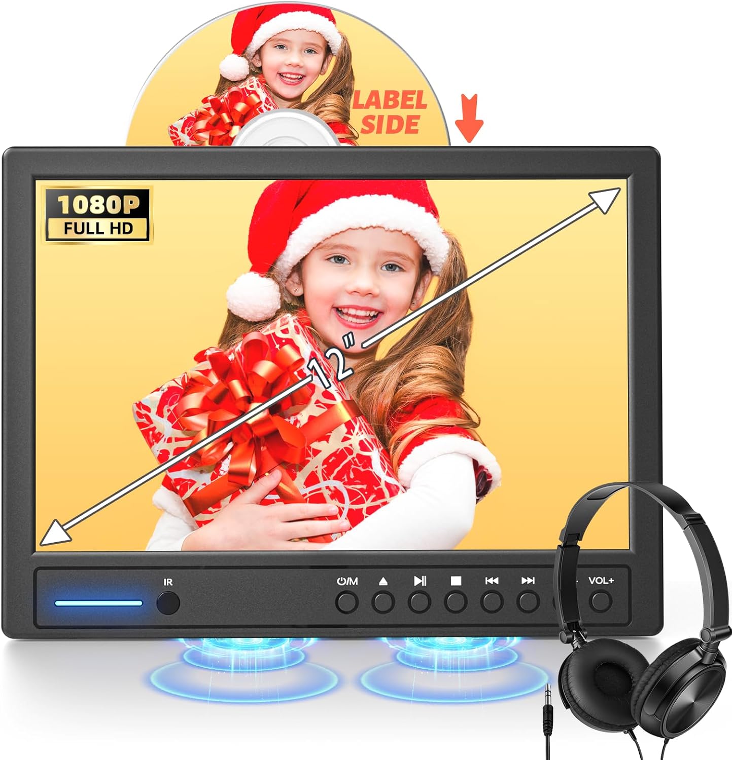 Arafuna 12" Portable DVD Player for Car with Headphone, Car DVD Player with Headrest Mount, Suction-Type Disc in, Headrest DVD Player Support HDMI Input, AV in/Out,1080P Video, USB/SD Card Reader
