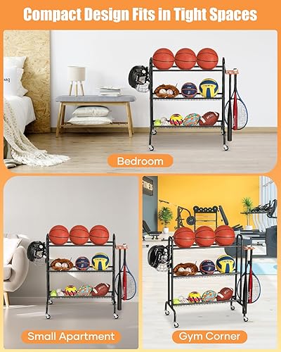 Miniatura 5 de Estante de baloncesto, soporte de entrenamiento de tiro de baloncesto, almacenamiento de equipo deportivo con ruedas, soporte organizador de cuatro