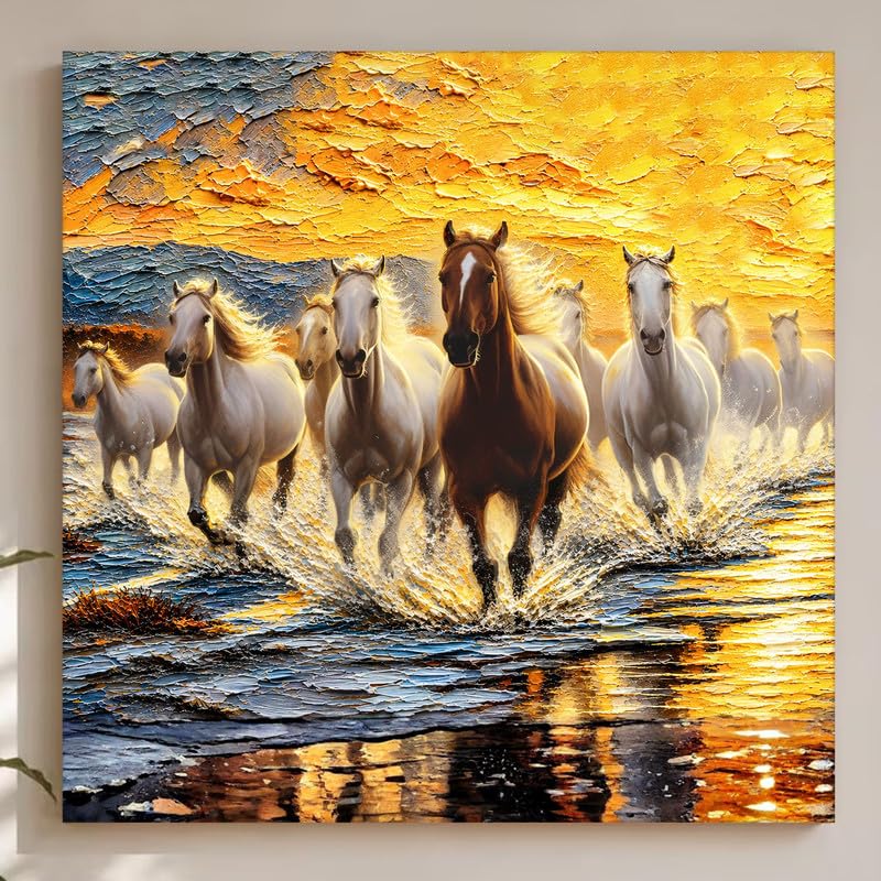 Image of PAINTINGMANTRA 9 Running Horses Vastu Stretched Canvas Painting For Living Room| Strength & Forward Energy Nine Horse Painting for Bed Room, Home & Office, 22x22 Inch