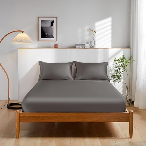 THXSILK 100% Mulberry Silk Bed Sheet Set - 3pcs Pure Silk Sheet Set - 16" Deep P