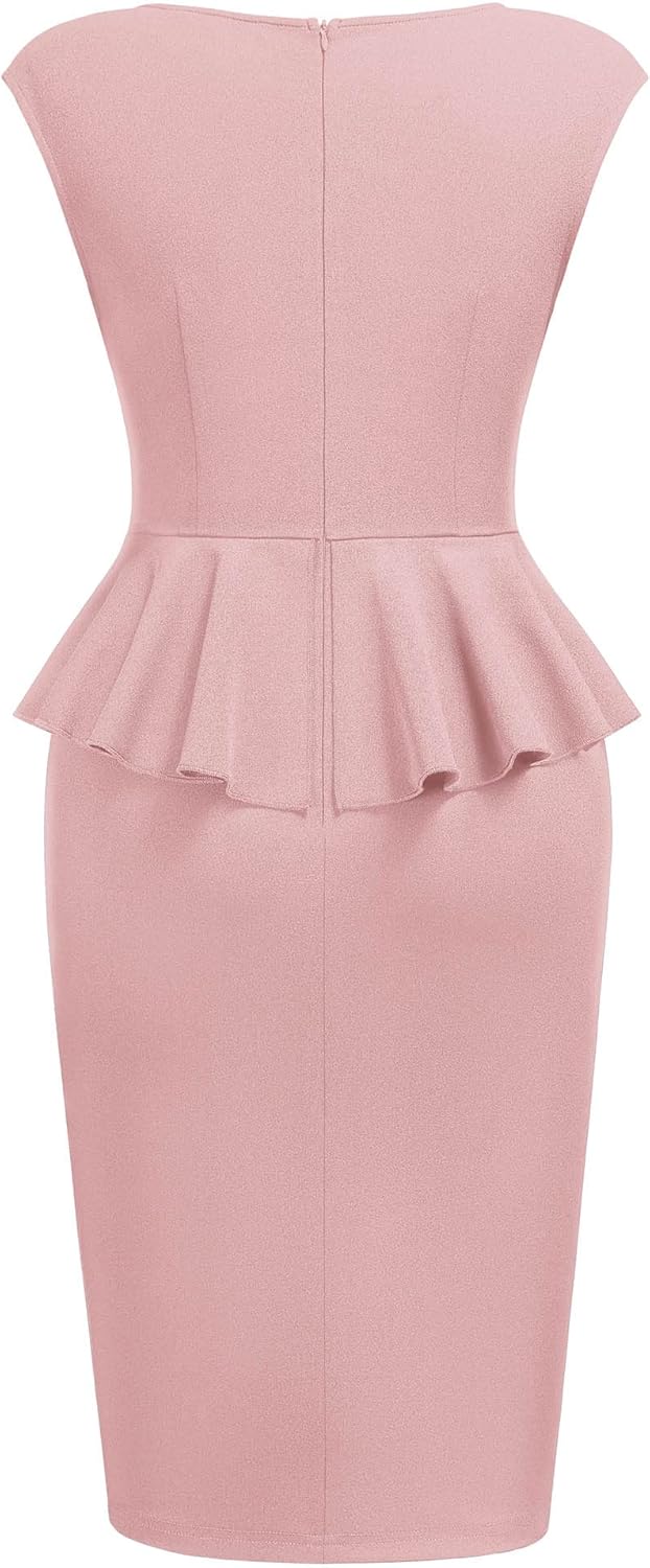 Miusol Women's Retro Deep V-Neck Ruffle Sleeveless Business Work Pencil Dress