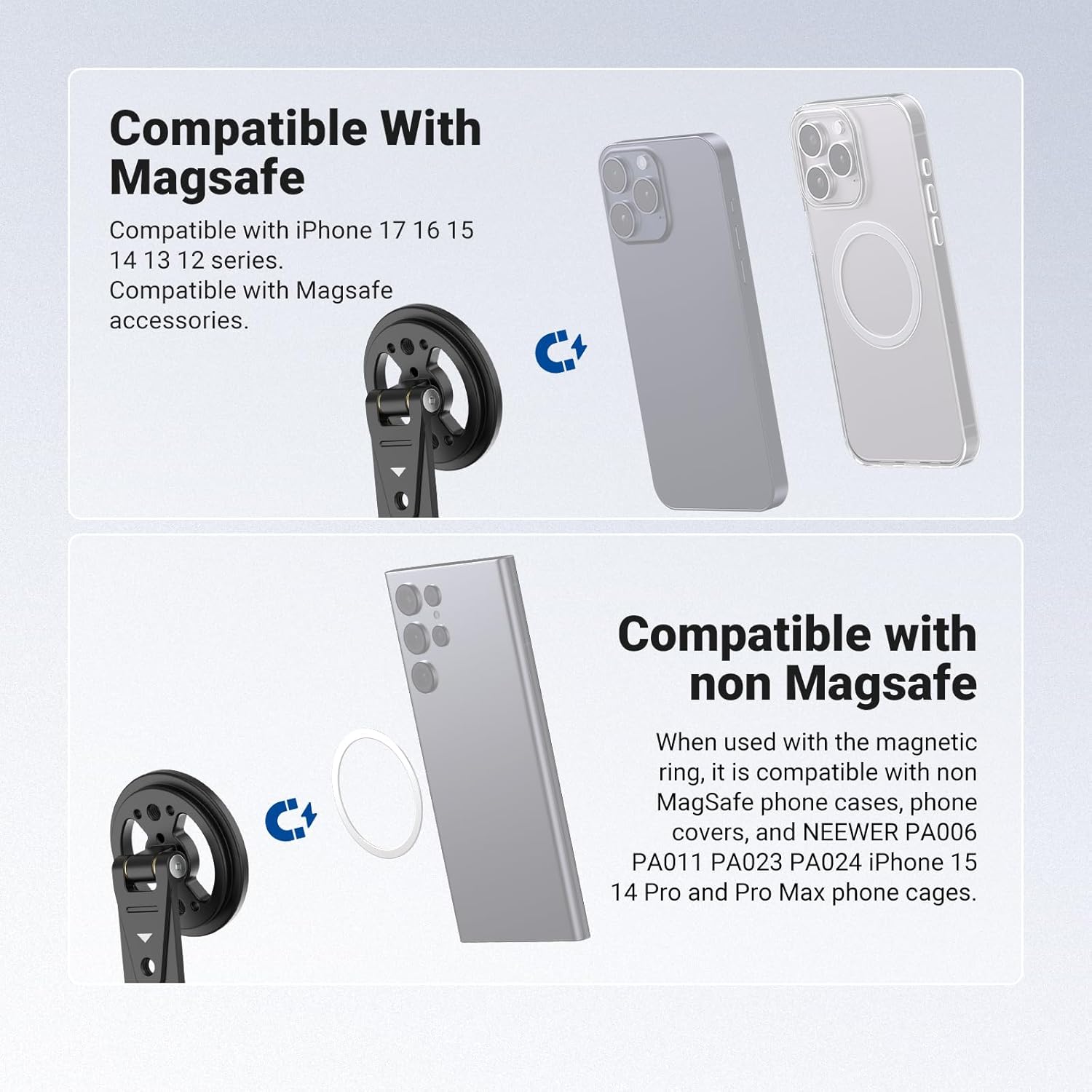 NEEWER Magnetic Phone Tripod Mount Compatible with MagSafe iPhone Samsung, Metal Adjustable Rotatable Cellphone Holder Adapter w/Cold Shoe for Tripod Mounting Camera Monitoring Video Recording, DS031