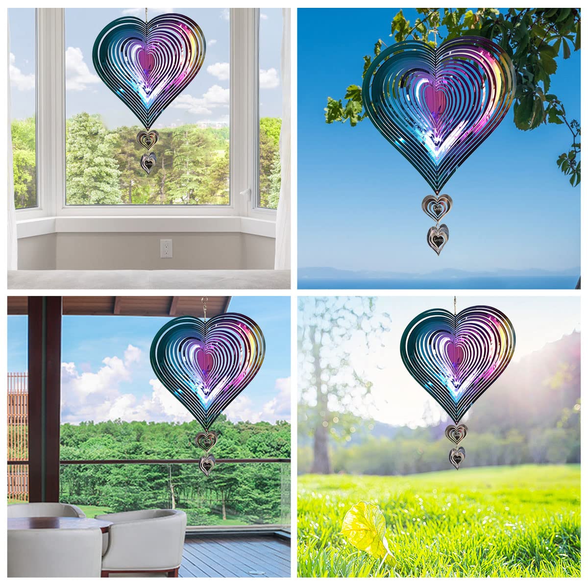 Scacciaspiriti a forma di cuore, grande, 36x20 cm, decorazione da giardino, regalo per esterni, da appendere, a forma di cuore, in metallo, resistente alle intemperie, decorazione da appendere