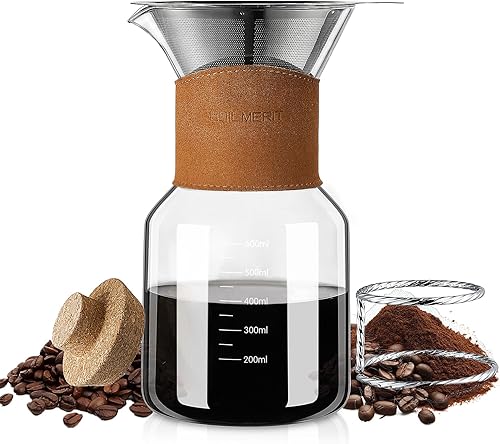 Cafetera vertida con filtro de acero inoxidable de doble capa, gotero de café de 20 onzas, jarra de vidrio con cuello de cuero vintage, tapa de