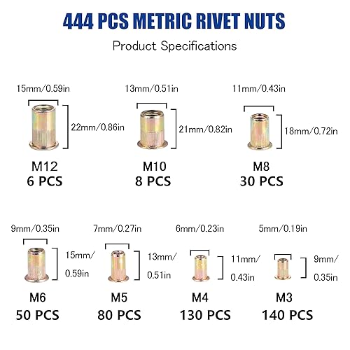 Miniatura 3 de Kit de tuercas remachadoras SAE y métricas, JROUTH 812 piezas de acero al carbono y surtido Nutsert, tamaños 6-32 8-32 10-24 14"-20 38"-16 516"-18