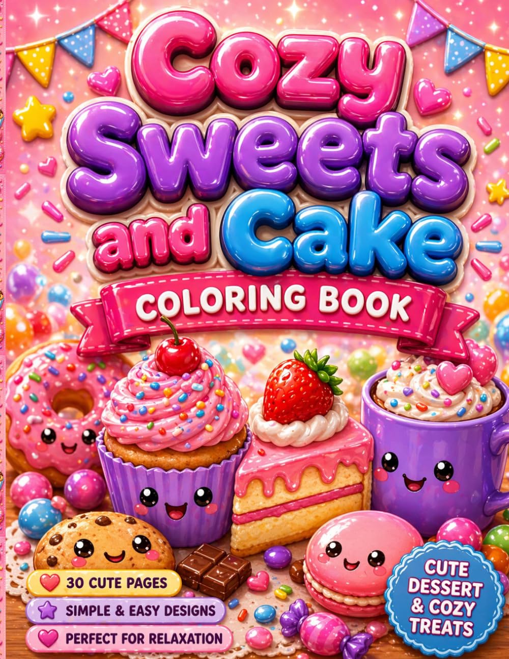 Cozy Sweets and Cake Coloring Book: Cute sweets food coloring book for kids with cupcakes, candy, desserts and sweet treats in a cozy kawaii style for fun and relaxation