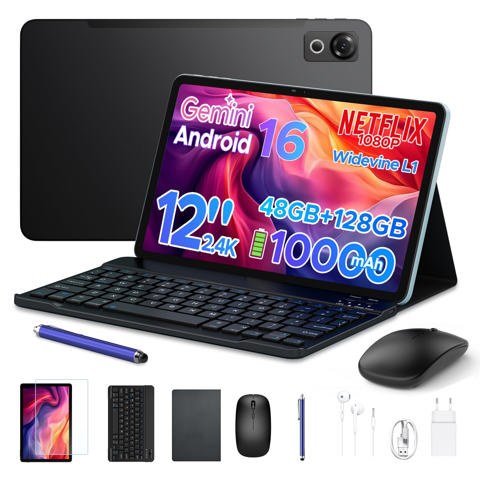 P12 Tablet Android 16, Tablet 12 pulgadas, 48GB RAM+128GB ROM/2 TB TF, IPS 2,4K, Pantalla 120 Hz, 10000mAh/18W, WiFi 5G, T7280 Octa-core, 8MP+13MP, Gemini AI, Tableta con Teclado, Face ID, GPS, Negro