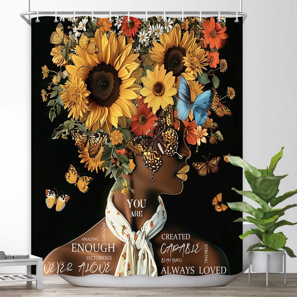 African American Shower Curtains Vintage Sunflower Flower Black Girl Shower Curtain Positive Confident Women Bath Curtain Waterproof Polyester Fabric Bathroom Accessories Decor with 12 Hooks, 70X85