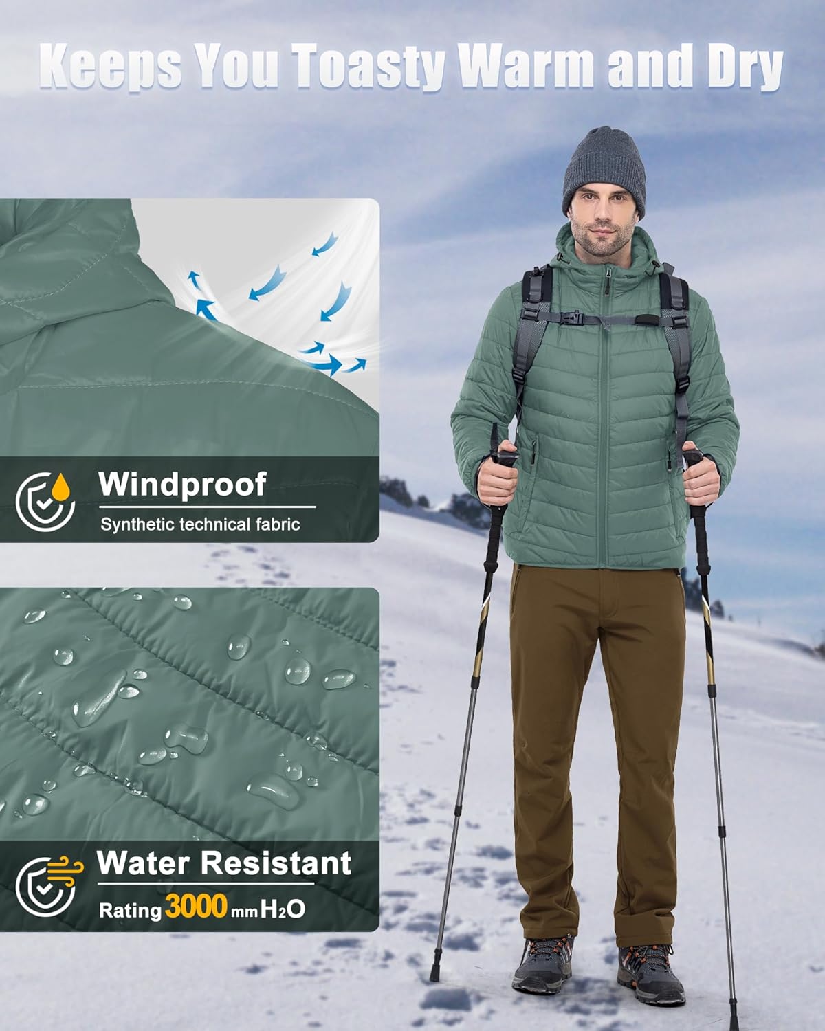 33,000ft Men's Lightweight Packable Insulated Puffer Winter Jacket with Hood, Water-Resistant Down Alternative Puffy Coat - Image 4