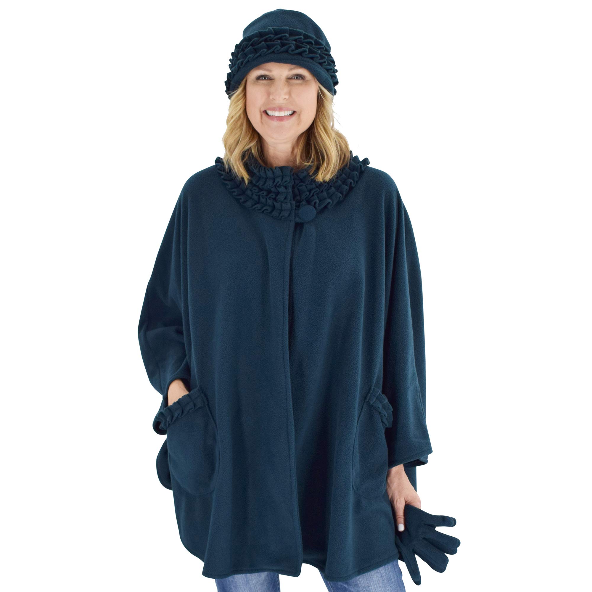 Le Moda Women's Ruffle Trim Polar Fleece Wrap with Matching Gloves and Hat | Winter Collection | One Size Fits All (Teal Blue)