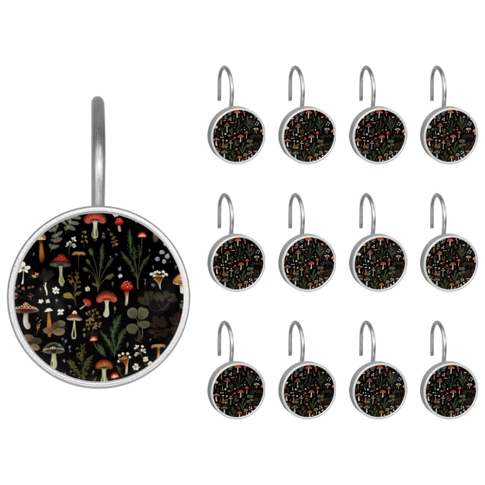 Jungle Mushrooms Decorative Shower Curtain Hooks Rings, Shower Hooks for Bathroom Shower Rods Curtains, 12pcs Shower Curtain Hooks