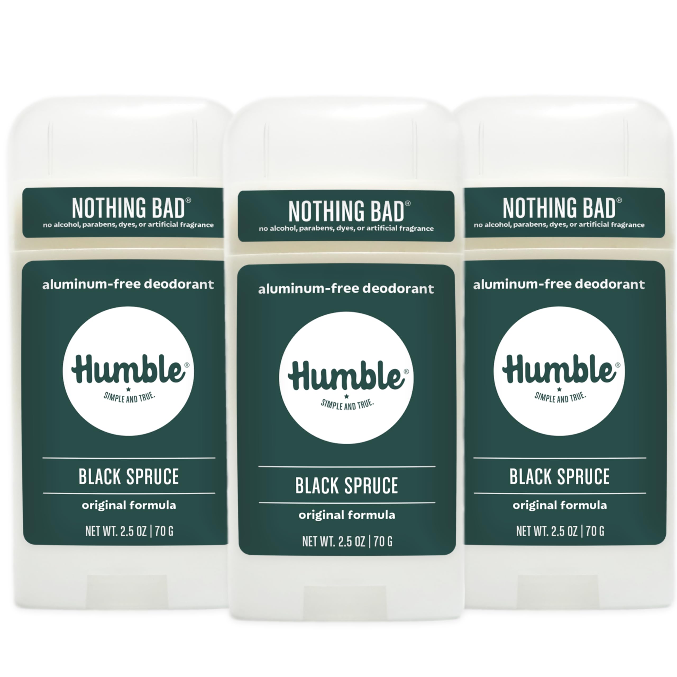 HUMBLE SIMPLE AND TRUE. BRANDS Original Formula Aluminum-free Deodorant. Long Lasting Odor Control with Baking Soda Essential Oils, Black Spruce Deodorant, 2.5 oz, 3 Pack