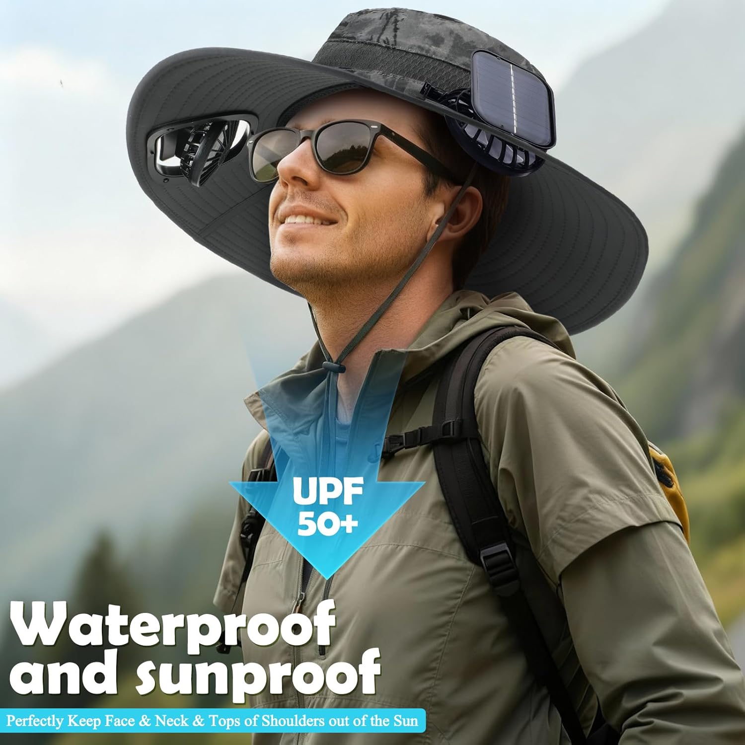Berlune Solar Fan Hat with 2 Fans for Men Wide Brim Cooling Outdoor Hat Fishing Hiking Bucket UPF 50+ USB & Solar Powered