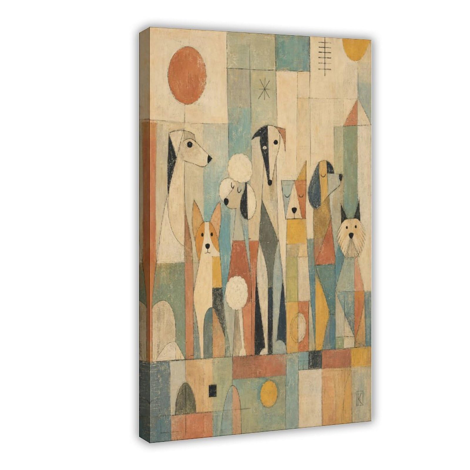 H3b8u2y5 Frame-Style-6 Dog Group Geometry Canvas Wall Art, Abstract Neutral Bedside