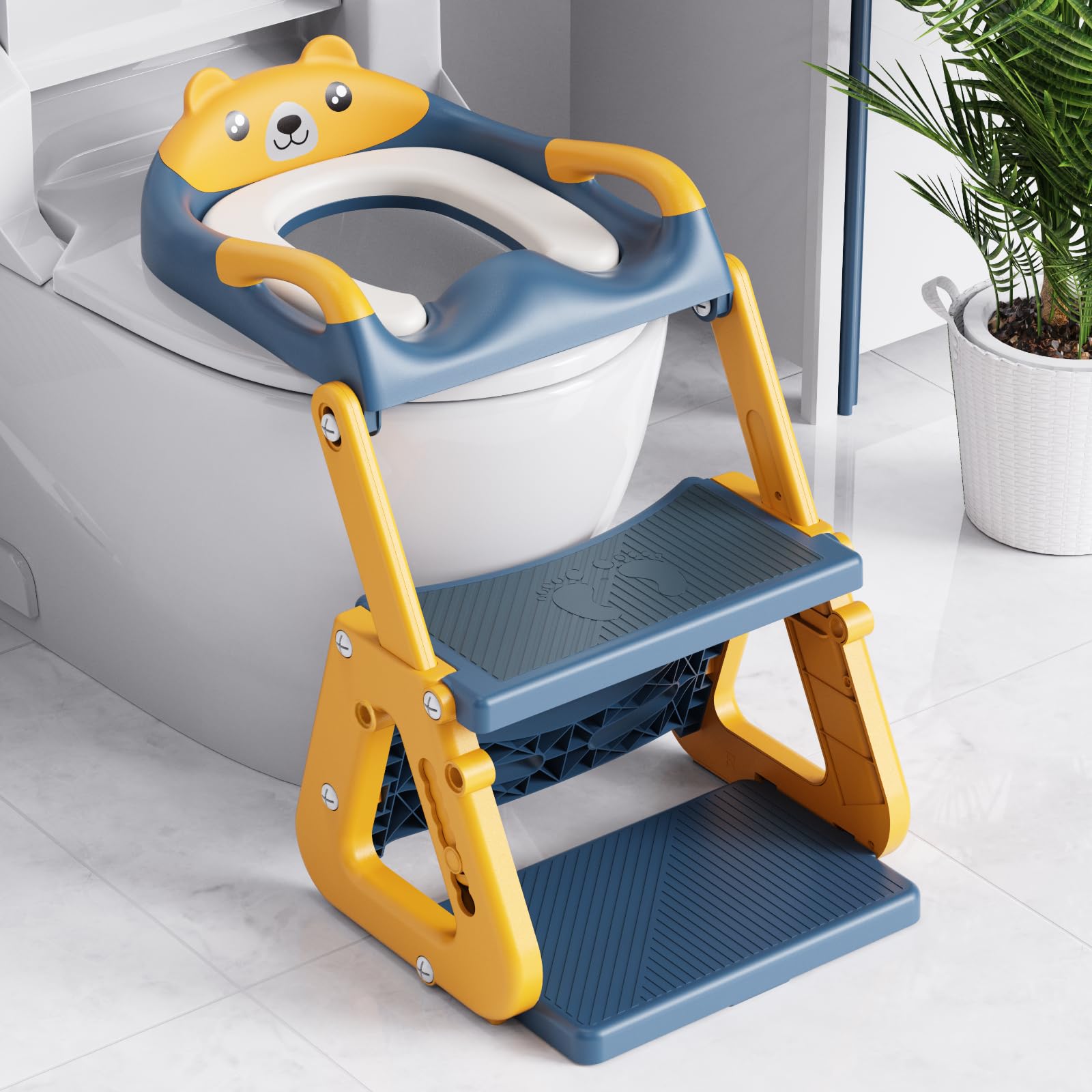 Orzbow Riduttore Wc Bambini con Scaletta, Stabilizzare Scaletta Wc Per Bambini con Struttura a Triangolo, Paraspruzzi Estesi e Cuscino in PVC Impermeabile, Pieghevole, Blu Giallastro